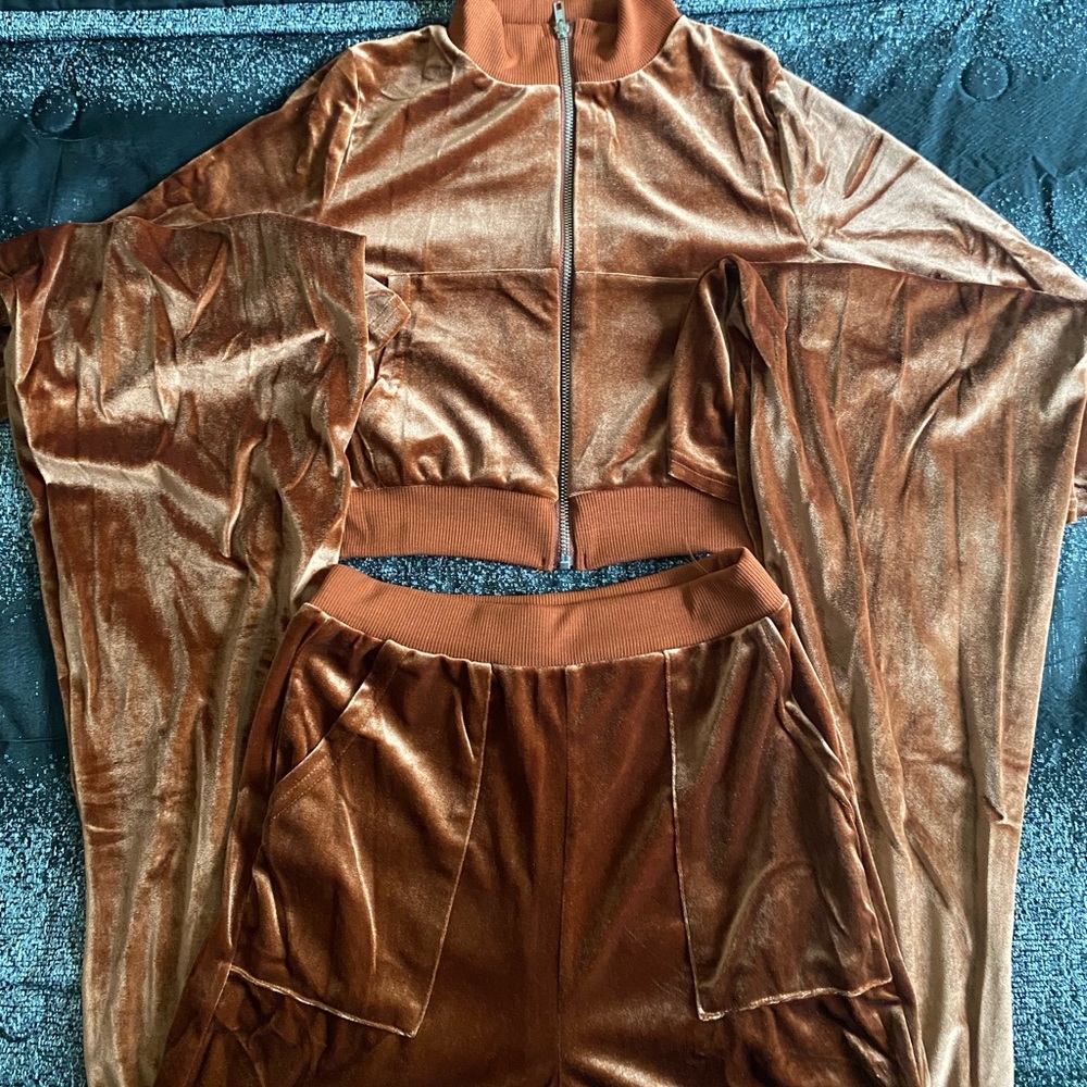 Sporty Velvet Solid Zipper 2 Piece Pant Sets